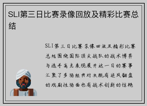 SLI第三日比赛录像回放及精彩比赛总结
